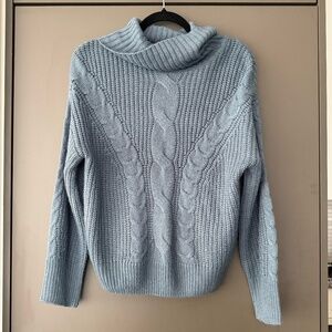 Blue Knit Long Sleeve Loose Turtle Neck Cable Knit Sweater